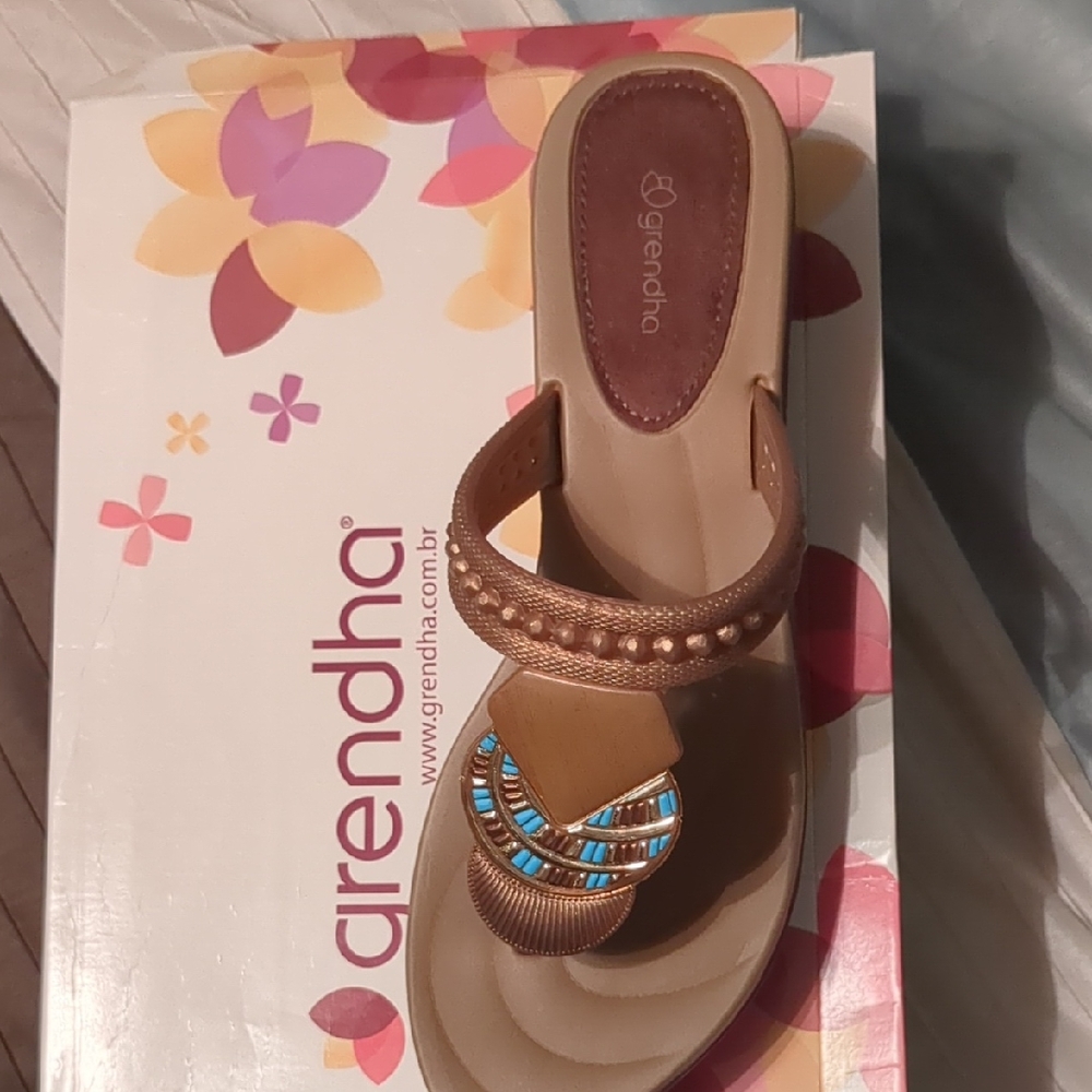 Tan and Blue Sandals with Decorative Metal Studs